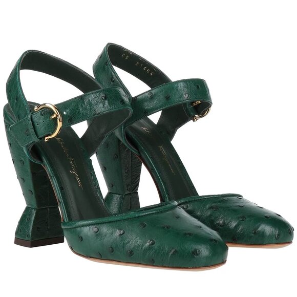 Salvatore Ferragamo Gazania Emerald Green Ostrich Pumps 38 - Picture 1 of 17